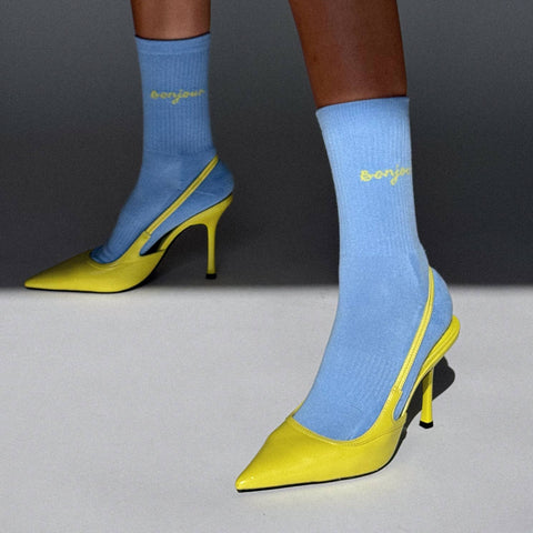 CHAUSSETTES BRODEES BLEUES - BONJOUR