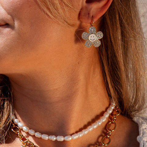 BOUCLES D'OREILLES SMILEY - FLEURS STRASS