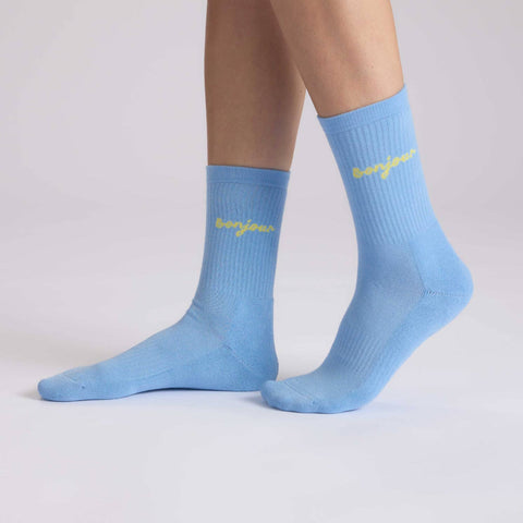 CHAUSSETTES BRODEES BLEUES - BONJOUR