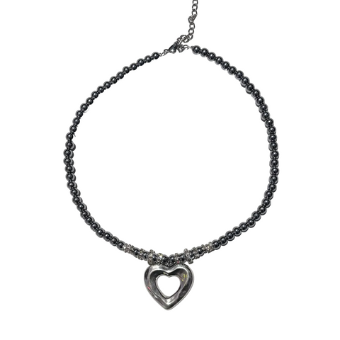 COLLIER PERLES HEMATITES - COEUR PLAQUÉ ARGENT