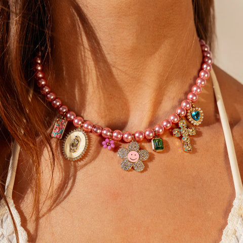 COLLIER PERLES ROSES & PAMPILLES - MAMY DOMITILLE