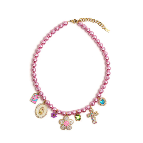 COLLIER PERLES ROSES & PAMPILLES - MAMY DOMITILLE